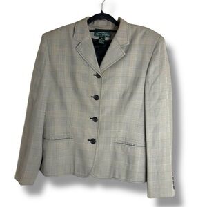 Lauren Ralph Lauren Black Plaid Cropped Wool Blend Blazer Size 14